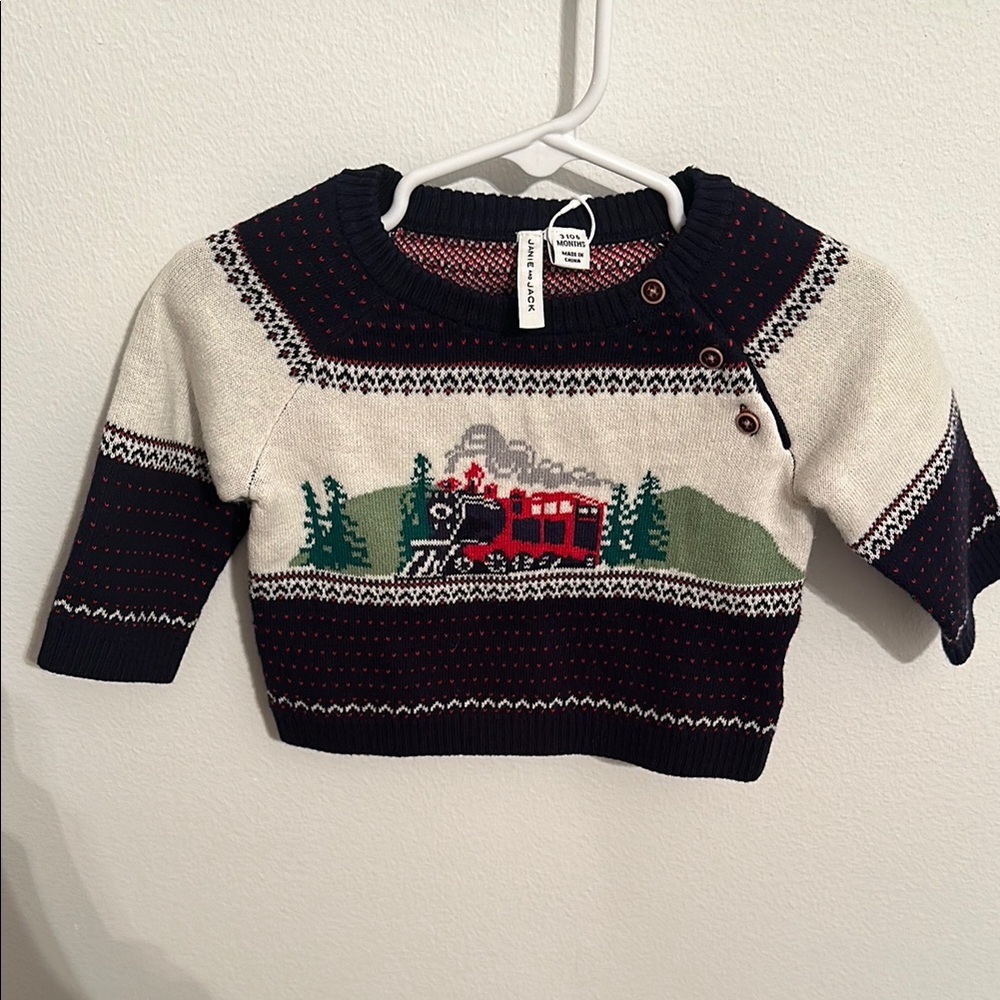 Janie and Jack Navy and Cream Train Sweater. Perfect for Christmas. Size 3-6mths